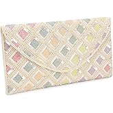 LONGING TO BUY Geometric Beaded Envelope Clutch, Pastel Colors, Silver Chain Strap, Evening Purse