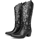 KiutSymo Glitter Rhinestone Cowboy Boots For Women Vintage Embroidered Cowgirl Boots Mid Calf Chunky Heel Sparkly Wedding Western Boots