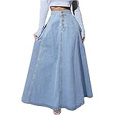 ebossy Women's Retro High Waisted Button Fly Flared Long Jean Skirts Pleated Flowy Swing A-line Denim Maxi Skirts