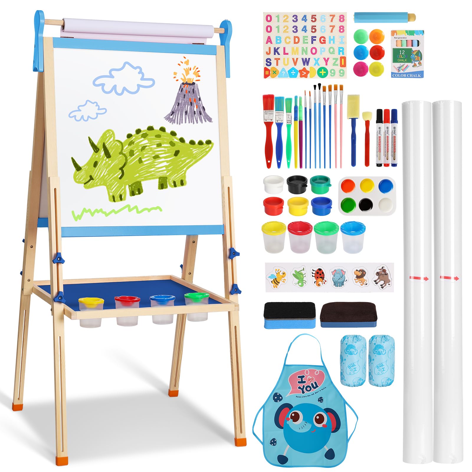 YOHOOLYO Kids Easel Wooden Children Art Easel Paper Roll,Double Sided Magnetic Whiteboard Chalkboard Dry Eraser Adjustable Height for Boys Girls Gifts