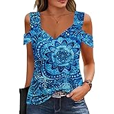 Soesdemo Womens Short Sleeve Tops Casual V Neck Cold Shoulder Comfy T Shirts Trendy Basic Tunics Tank Top