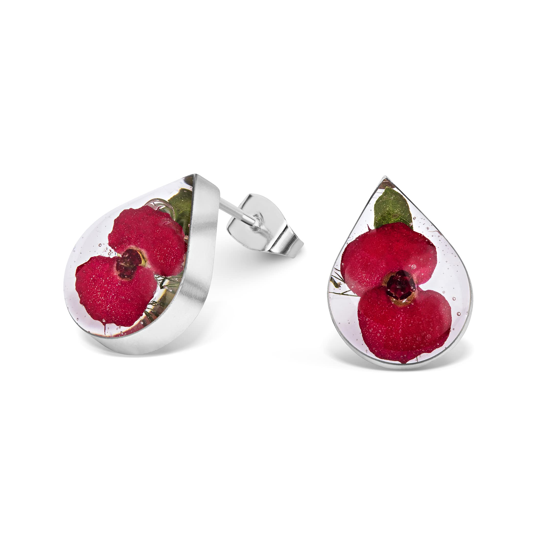 Sterling Silver Small Tear Drop Stud Earrings Made With Real Poppies