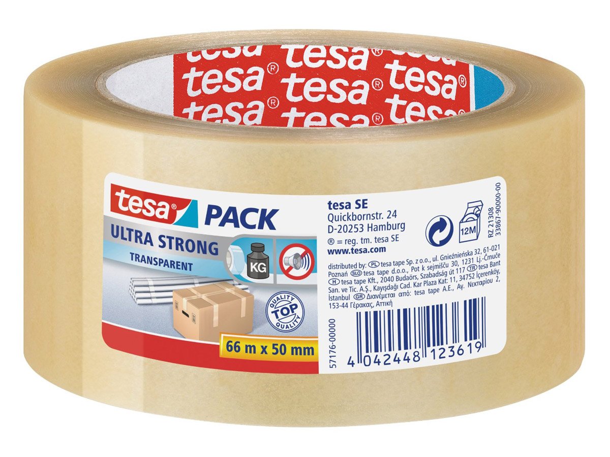 tesaPack Ultra Strong 51124 Transparent Packing Tape for Sealing Heavy parcels, 6 Rolls 66m x 50mm