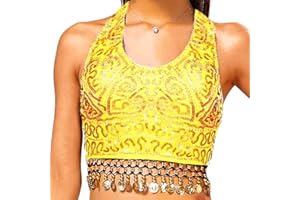 GRAEEN Belly Dance Sequin Crop Top Coin Tassel Rave Carnival Costume Bra Tops for Women