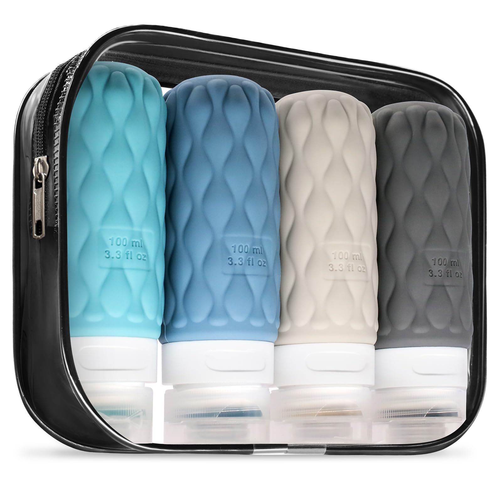 Lericttor 100ml Silicone Travel Bottles for Toiletries with Labels/Clear Bag, Holiday Travel Essentials Leakproof Refillable Squeeze Travel Size Containers Set for Shampoo and Conditioner