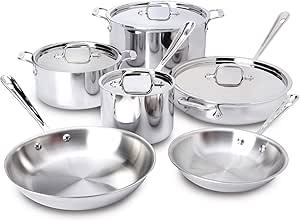 All-Clad 401877R Stainless Steel 3-Ply Bonded Dishwasher Safe Cookware Set, 10-Piece, Silver - 8400000960