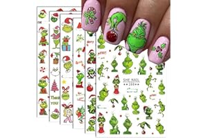 FUKIDOG 6 Sheets Christmas Nail Art Decals 3D Self-Adhesive Cartoon Xmas Nail Stickers Design WinterXmas Funny Green Monster Nail Decals Christmas Nail Decals Supplies for Women Nail Art DIY Manicure