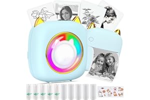 HuiJuKeJi Mini Sticker Printer Pocket Inkless Thermal Printer with RGB Light for iOS&Android, 10 Rolls Thermal Paper and Sticker, Bluetooth Smart Portable Receipt Printer for Photo Journal Notes Memo