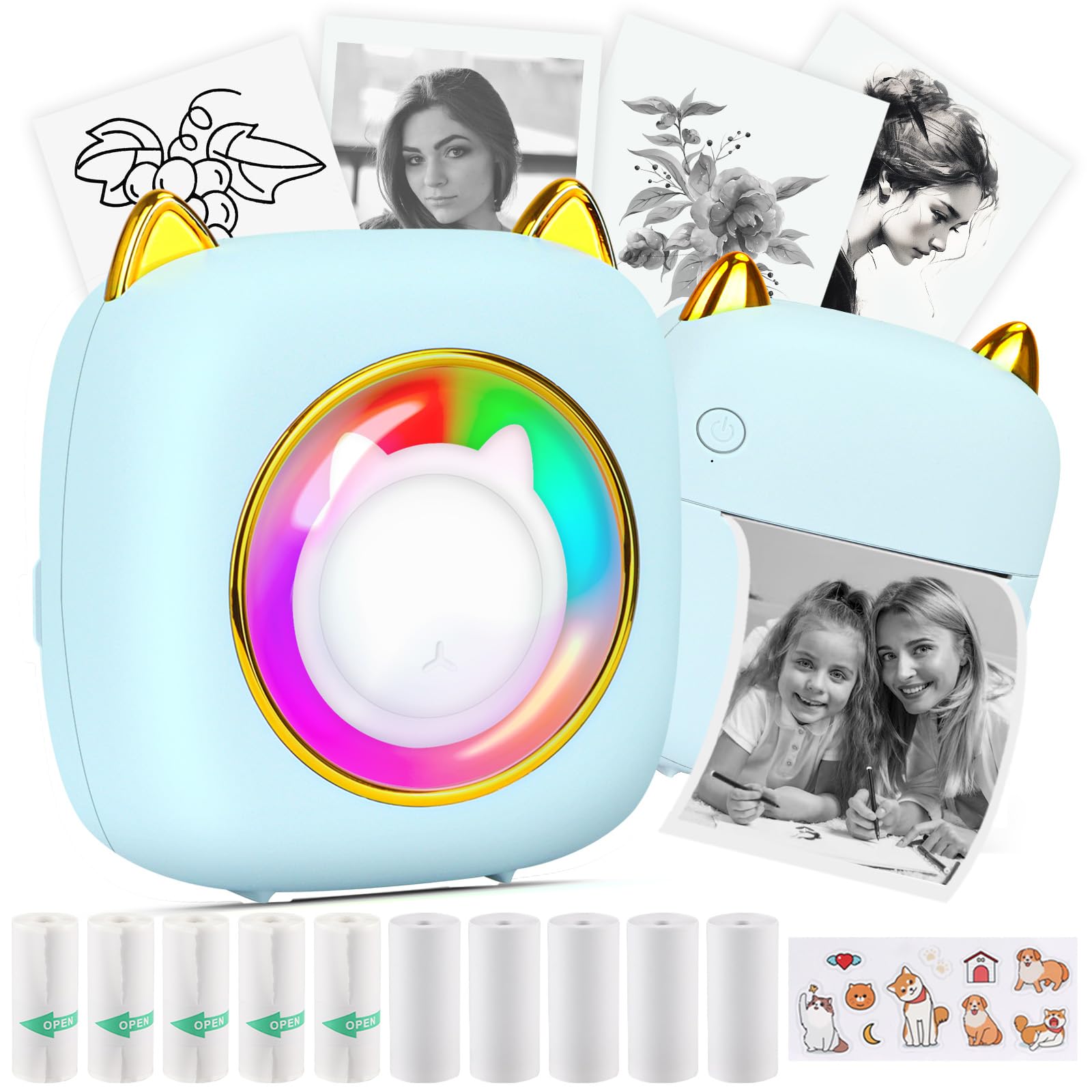 HuiJuKeJi Mini Sticker Printer Pocket Inkless Thermal Printer with RGB Light for iOS&Android, 10 Rolls Thermal Paper and Sticker, Bluetooth Smart Portable Receipt Printer for Photo Journal Notes Memo