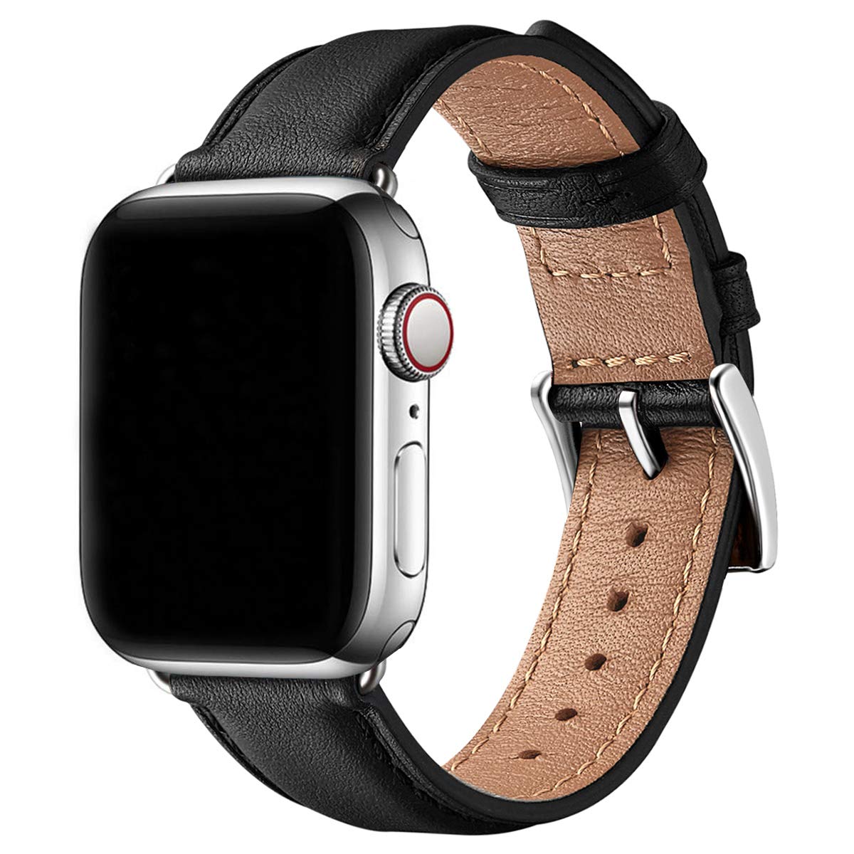 SUNFWR Leather Straps for Apple Watch Straps 40mm 41mm 38mm 42mm(Series 11 10),Men Women Replacement Genuine Leather Strap for iWatch Series Ultra 11 10 9 8 7 6 5 4 3 2 1/SE,Black/Sliver