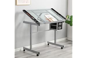 DlandHome Glass Drafting Table Adjustable Drawing Table Craft Station Center with 2 Storage Drawers,UT-DT1033WT