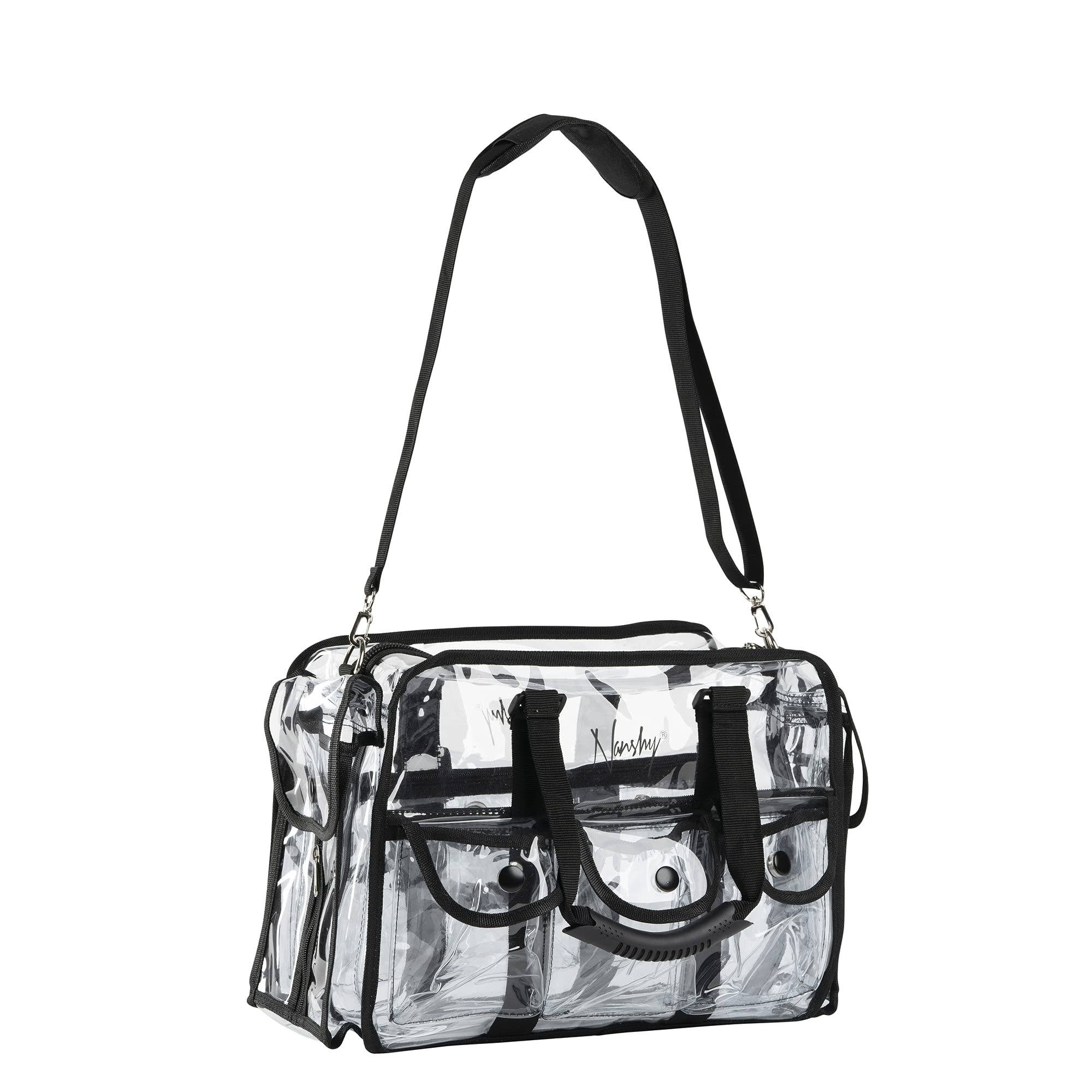 Nanshy Clear Makeup Artist Bag MUA, Large Storage Travel Zip Organiser with Handles, Side Pockets, Shoulder Strap & Compartments, PVC Plastic Vinyl