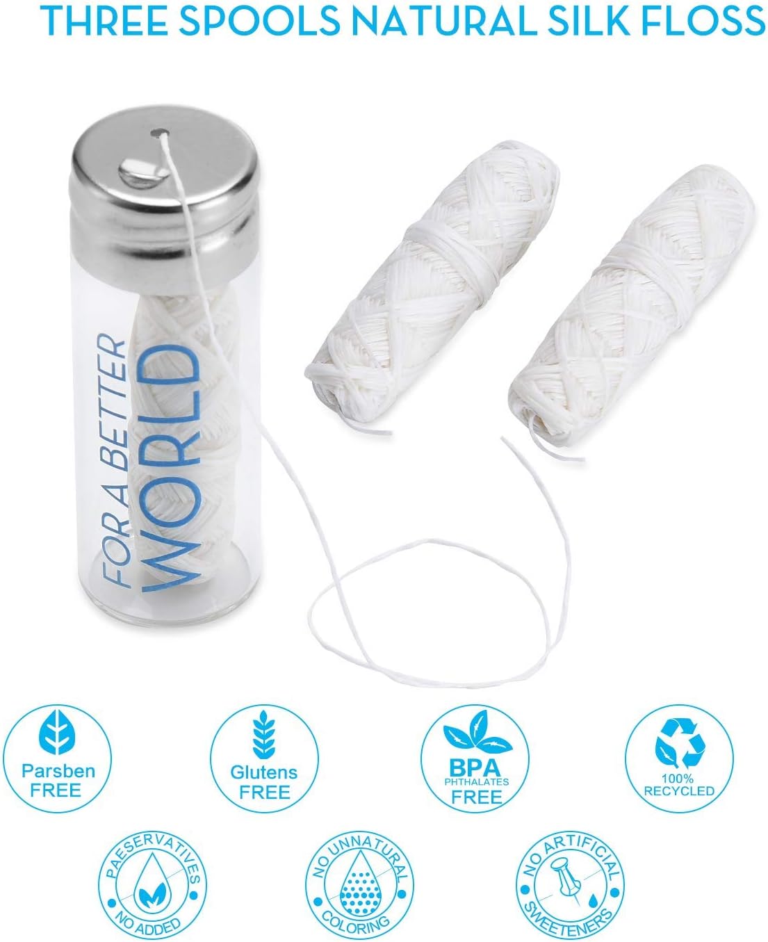 GOGRS Dental Floss Three Natural Silk Spools Total 99yds/90m 100% Biodegradable with Refillable Glass Holder Eco-Friendly Zero Waste Oral Care: Health & Personal Care
