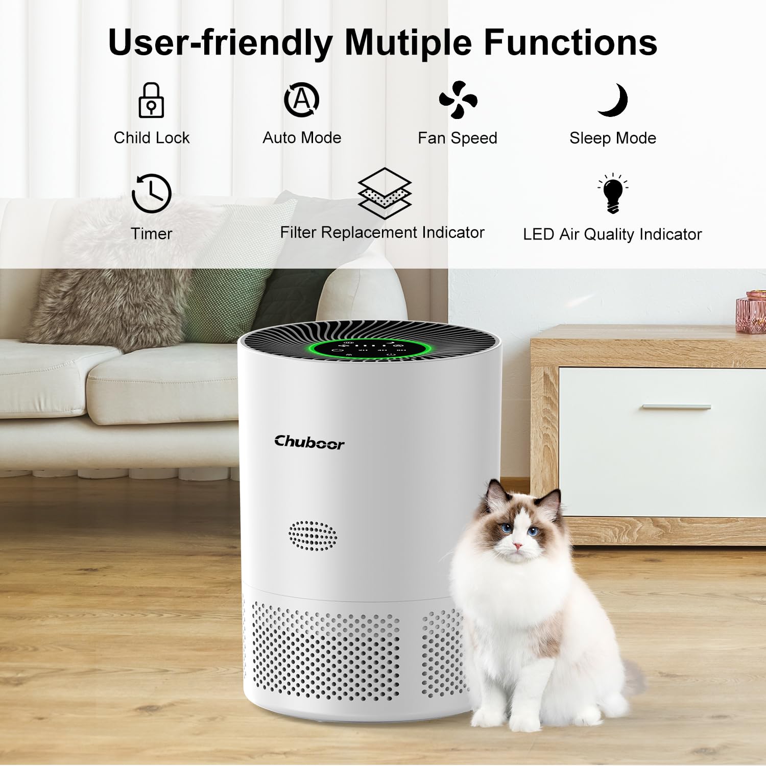 Chuboor Air Purifiers for Home Large Rooms up to 1500ft², H13 True HEPA Air Purifiers for Bedroom Dorm Room Pets or Smoke, Dust, Pollen, Odors, Auto Mode, Sleep Mode, PJ01, White