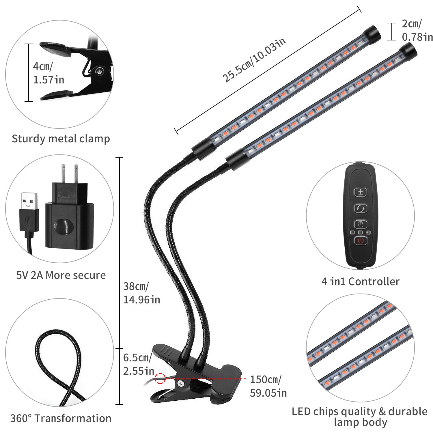 Esonstyle 2018 Upgraded 19W Plant Grow Light Lamps with Auto Turn On/Off Function Dual Head 38 LED 10 Dimmable Levels Grow Lamp Bulbs, 3/9/12H Timer, Spectrum Switching Adjustable (Auto Turn on/Off)