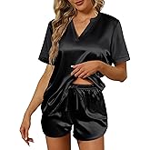 Ekouaer Silk Pajamas for Women Short Sleeve Satin Sleepwear Two-piece Pjs Set Soft V Neck Loungewear,S-XXL