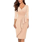 Miusol Women's Classy V-Neck Glitter Sequin Lace 3/4 Sleeve Cocktail Party Dress