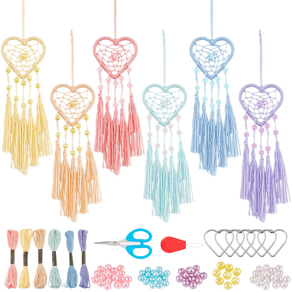 INFUNLY 6 Sets Dream Catcher Kit Car Charm Ornament Heart Mini Dream Catcher Set DIY Dream Catcher Making Kit Make Your Own Dream Catcher Car Interior Rearview Mirror Hanging Decor Bag Charm — image 1