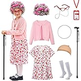 Watlie 100 Days of School Costume for Girls, Old Lady Costume for Kids, Granny Grandma Dress Up
