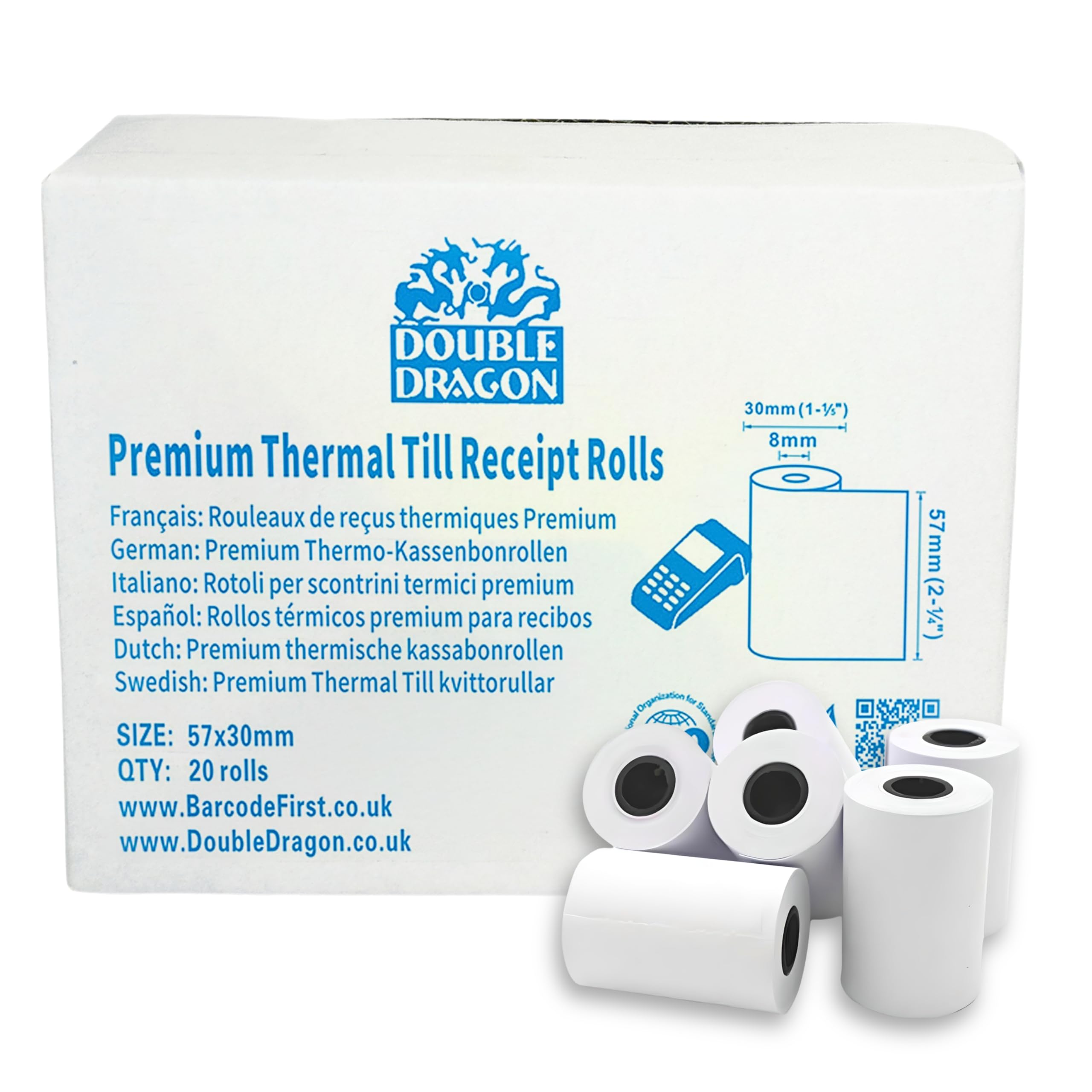 Double Dragon 57 x 30 mm Thermal PDQ Receipt Paper Till Rolls | BPA-Free | Compatible with SumUp, Ingenico, PayZone, Verifone, Clover Printers, Zettle Terminals - 20 Rolls