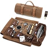 Barillio Bartender Kit Bag with Black Cocktail Shaker Set - Waxed Canvas, Traveling Bar Tools Bag with 17-Pc Cocktail Kit - Travel Mixology Bartending Kits - Mobile Bar Roll with Strap & Accessories
