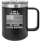 Rogue River Tactical USA American Flag I Am A Veteran My Oath Never Expires Heavy Duty Stainless Steel Black Coffee Mug Tumbler With Lid Novelty Cup Great Gift Idea