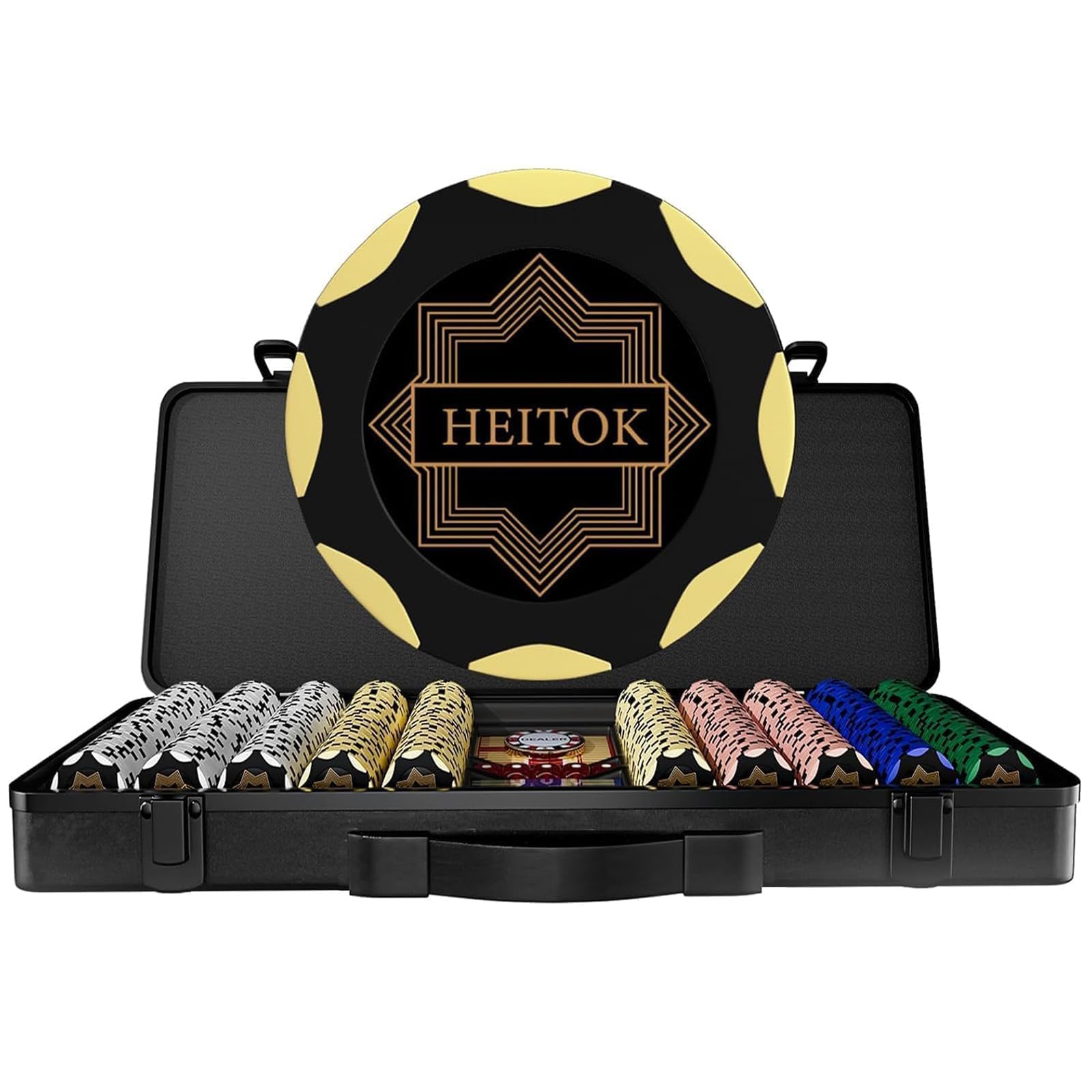 HEITOK 500 Piece Poker Chip Set - 14g Heavyweight Clay Composite With German Polycarbonate Case - Professional Casino Gaming Kit Includes Waterproof Plastic Cards And Metal Dealer Button