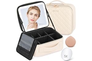 Aiborke Travel Makeup Bag with Led Mirror Make up Case with Lighted Mirror Cosmetic Organizer bag with Adjustable Dividers and 5X Magnifying Mirror Makeup Box Organizer Vanity Case for Women (Beige)