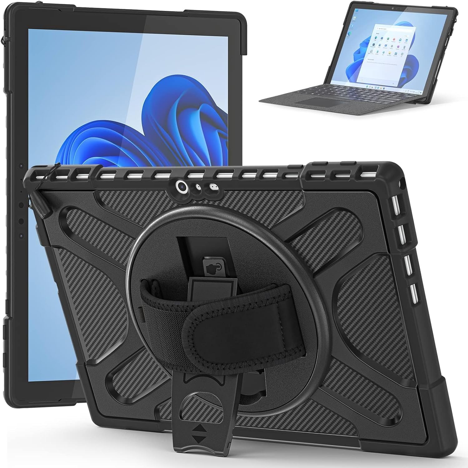 Junfire Case for Microsoft Surface Pro 7 Plus 2021/Pro 7+/7/6/5/4/LTE 12.3 Inch, Rugged Protective Cover Case with Kickstand Pen Holder Hand Strap, Compatible with Type Cover Keyboard, Black