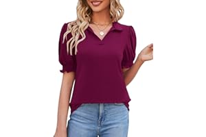 Micoson Womens Short Sleeve Polo T Shirts V Neck Casual Collared Tops Puff Sleeve Work Tunic Blouses