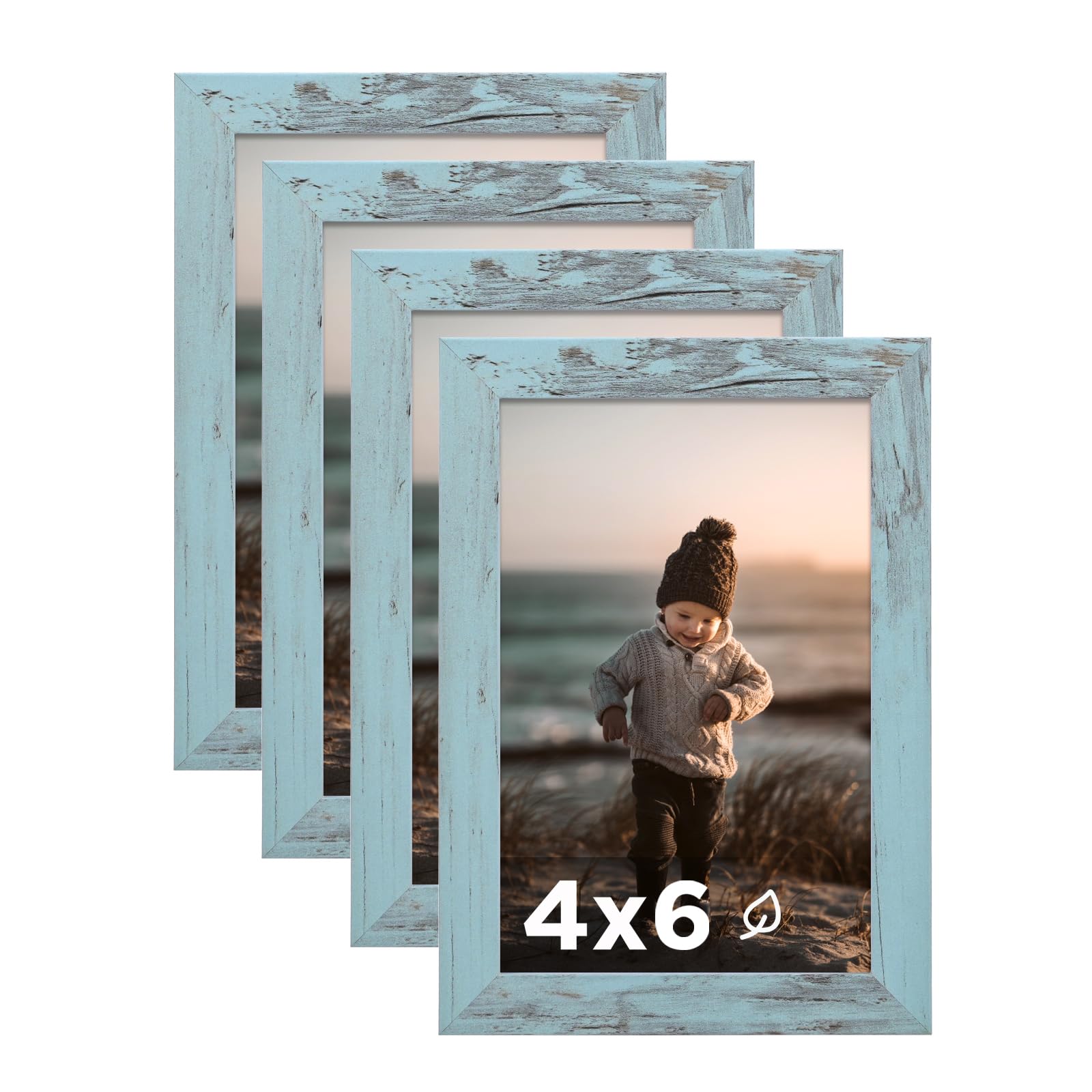 Photo 1 of KINLINK 4x6 Picture Frame Turmaline Blue Set of 4, Wooden Photo Frames with Plexiglass for 4x6 without Mat for Table and Wall Display
