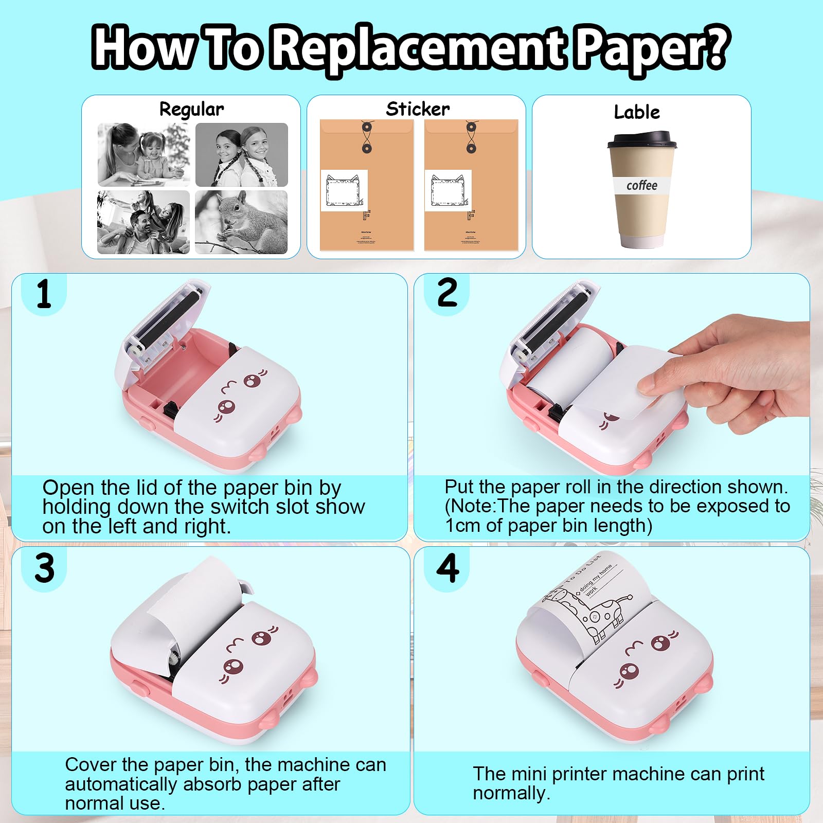 HuiJuKeJi Mini Sticker Printer Cat Bluetooth Smart Pocket Inkless Thermal Printer with 7 Rolls Thermal Paper and Sticker for iOS&Android, Portable Receipt Printer for Photo Journal Notes Memo - Pink
