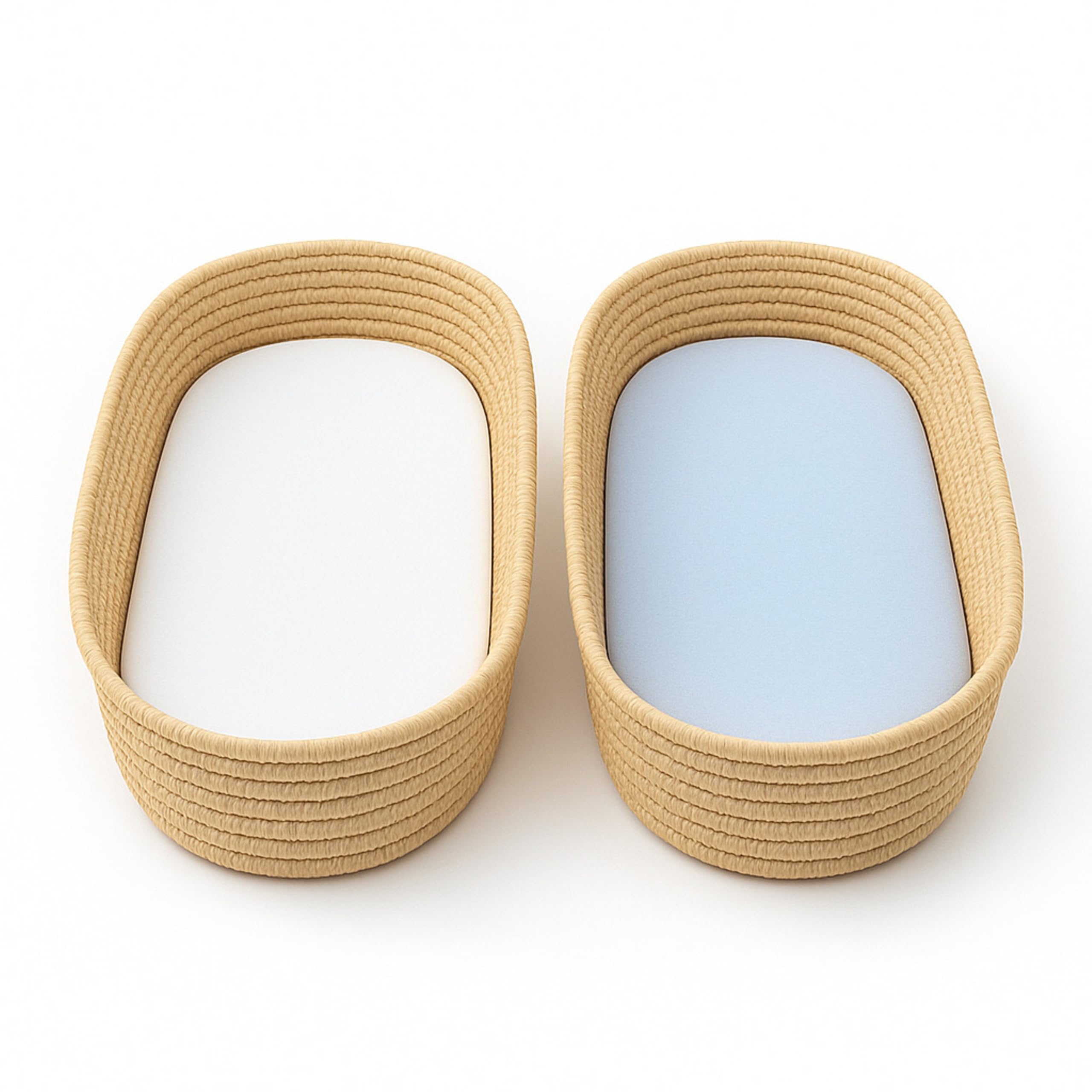 Dudu N Girlie Moses Basket Sheets Fully Fitted – 75 x 30 Moses Basket Bedding - Hypoallergenic Baby Pram Sheets Bedding Elasticated Breathable Easy Care (Pack of 2, White & Blue)