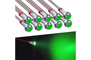 FICOLPO 10 Pcs LED Metal Waterproof Indicator Light, 12-24V 1/4'' Mounting Hole Pre-Wired Pilot Signal Light for Car, Trucks, Boats, Marine, Dash, Industrial Electricity (Green, 6mm)