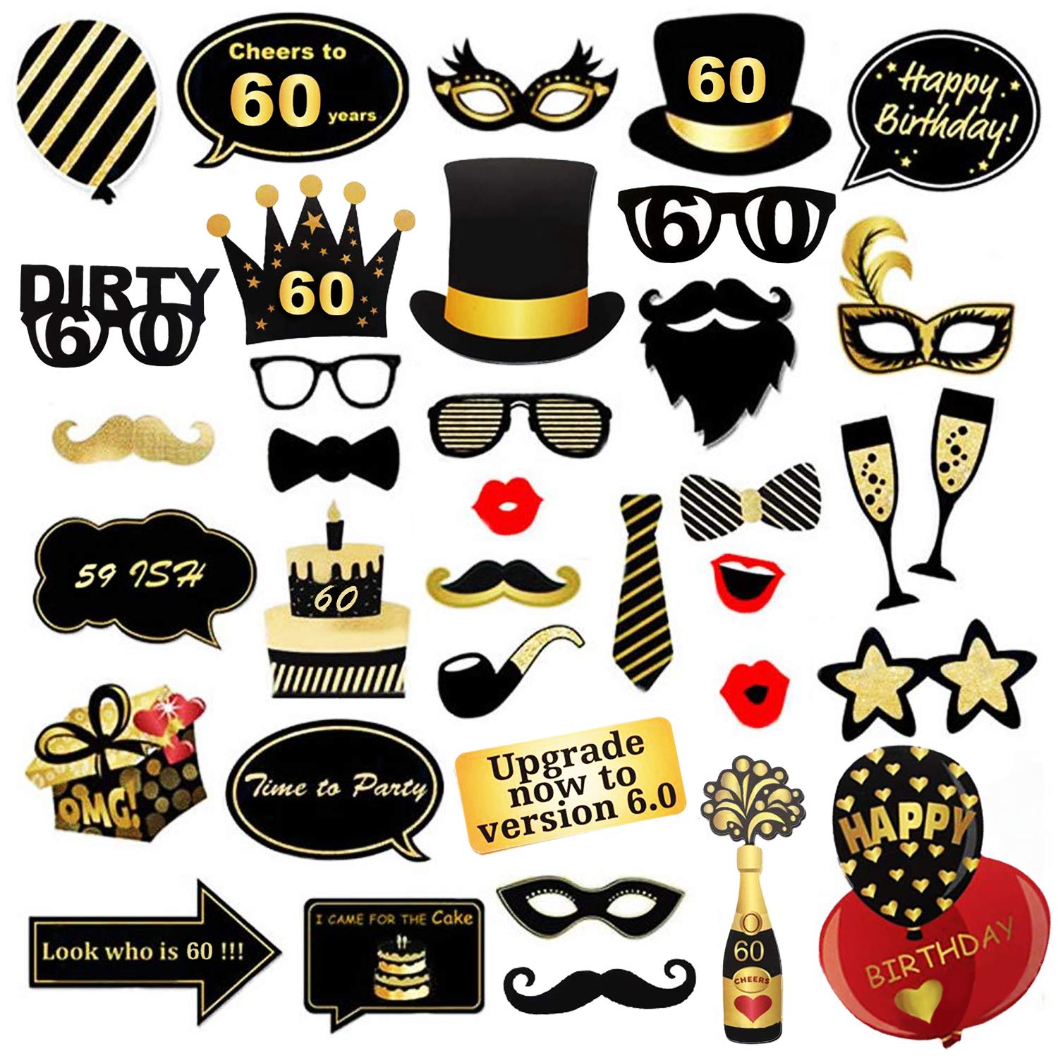 VEGCOO Birthday Photo Booth Props Favor Kits, 35 Count Black and Gold Happy Birthday Decorations on Stick for Men and Women (60th)