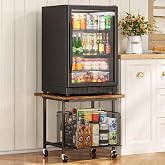 SPACECARE Mini Fridge Stand Cart with Storage Wire Basket Max Load 300 LBS | Refrigerator Table for Dorm, Office, Apartment, Wood Top Fridge Cart with Locking Swivel Wheels, Steel Frame Mobile Base
