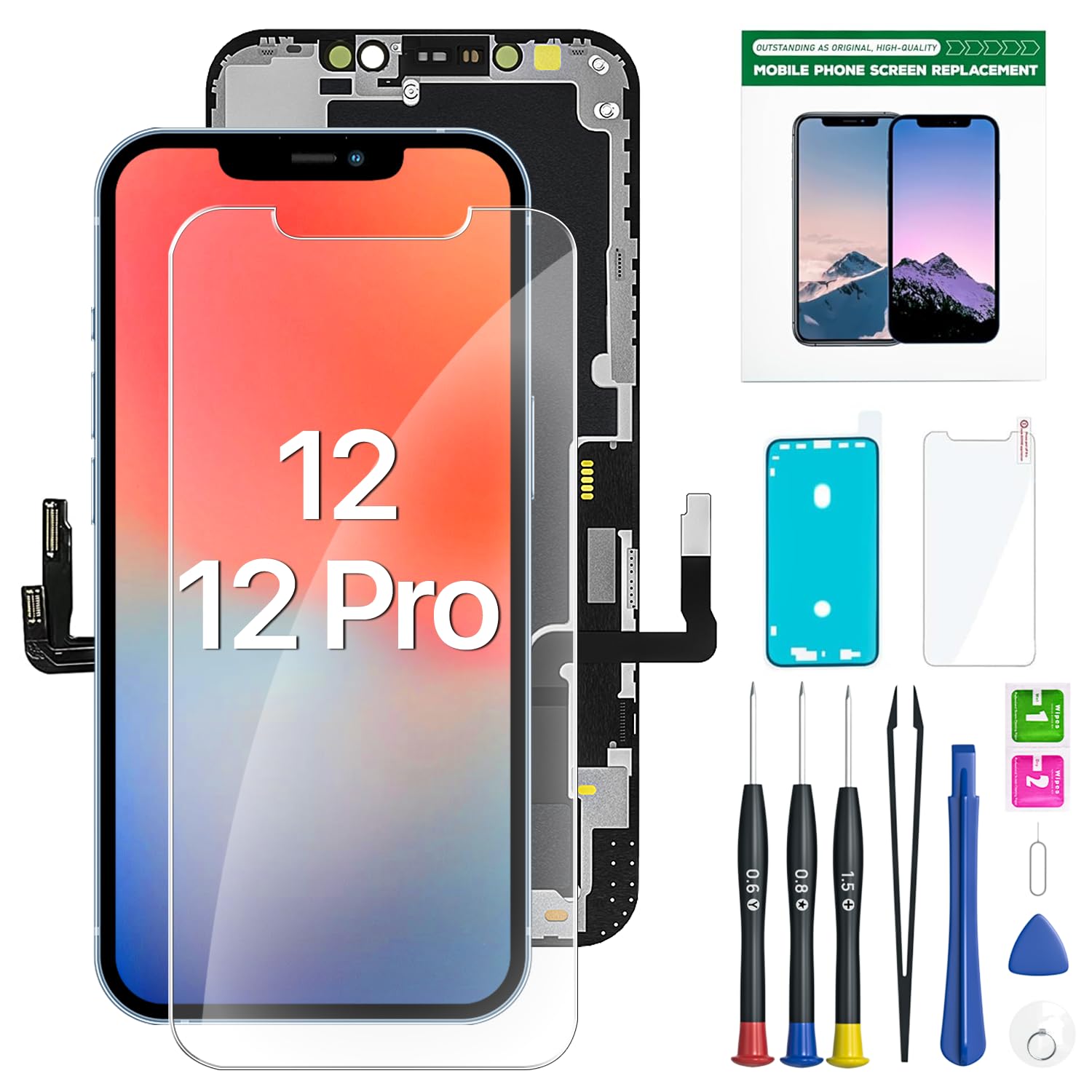 EXW for iPhone 12/12PRO Screen Replacement 6.1" Full HD LCD Display Digitizer, Quality Touch Screen with Repair Tools, Waterproof Seal Compatible with A2172, A2402, A2404,A2403, A2341, A2406, A2408
