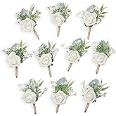 YSUCAU Rose Boutonnieres for Men Wedding Groom and Groomsmen White Boutonniere for Rustic Fall Vintage Wedding Prom Set of 10