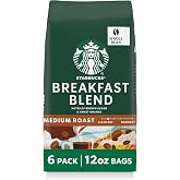 Starbucks Whole Bean Coffee Breakfast Blend Medium Roast, 6 Bags 12 oz | 100% Arabica whole bean coffee; Medium Roast Breakfast Blend; 6 bags, 12 oz each (72 oz total)