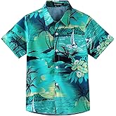 Spring&Gege Boys' Short Sleeve Hawaiian Shirt Cartoon Print Aloha Button Down Shirts (3-14 Years)