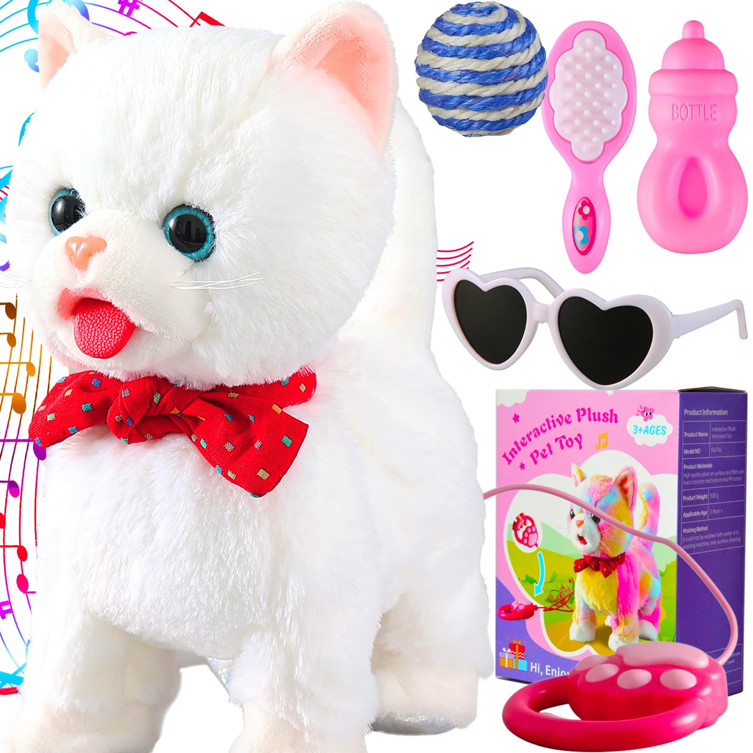 Marsjoy White Leash Walking Cat Set Interactive Talking Cat Singing Dancing Kitten Mimicking Repeat What You Say Kitty Touch and Voice Control Nodding Wagging Tail Plush Electric Kitty for Kid Girl — image 1
