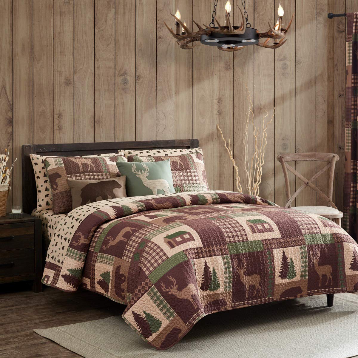 HowPlumb Twin Quilt 2 Piece Set Rustic Cabin Lodge Deer and Bear Coverlet Bedspread