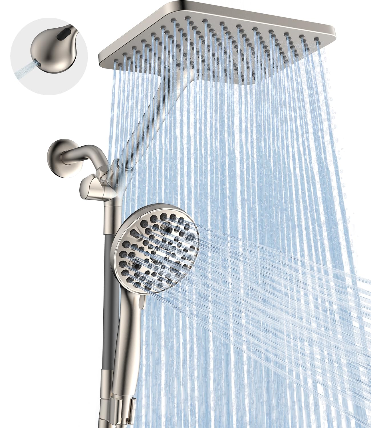 Dual Handheld Shower Head Combo, 2-in-1 Rain Shower Heads System Wide Rainfall Shower Head and 10 Modes High Pressure Hand Held Showerhead with Built-in Power Wash - Brushed Nickel Image