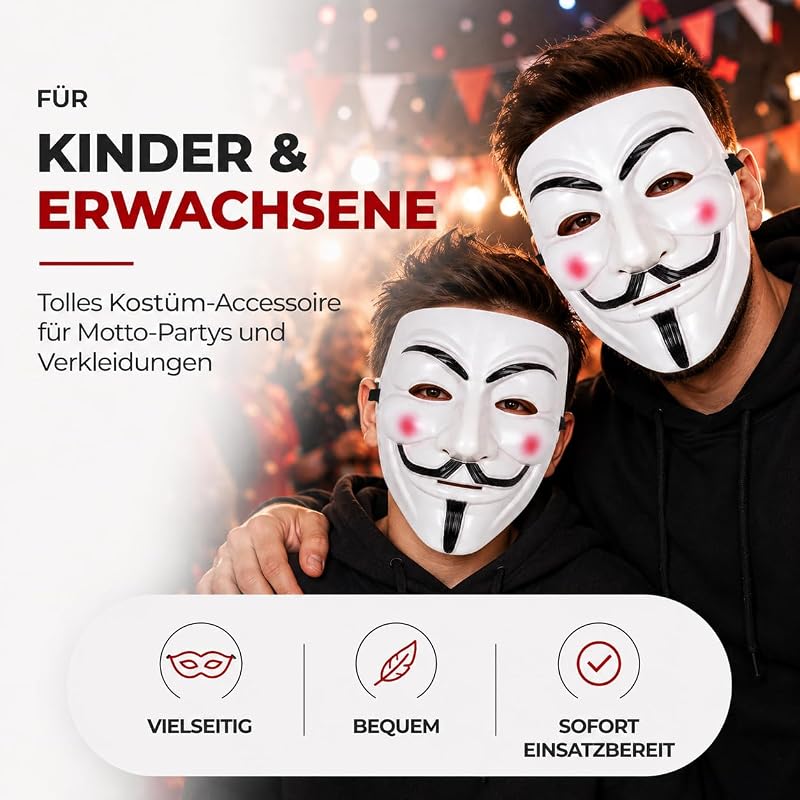 Vendetta Maske als Kostüm Accessoire für Damen & Herren, Kinder & Erwachsene an Anonymous Halloween & Fasching & Karneval — Foto 4 von 8