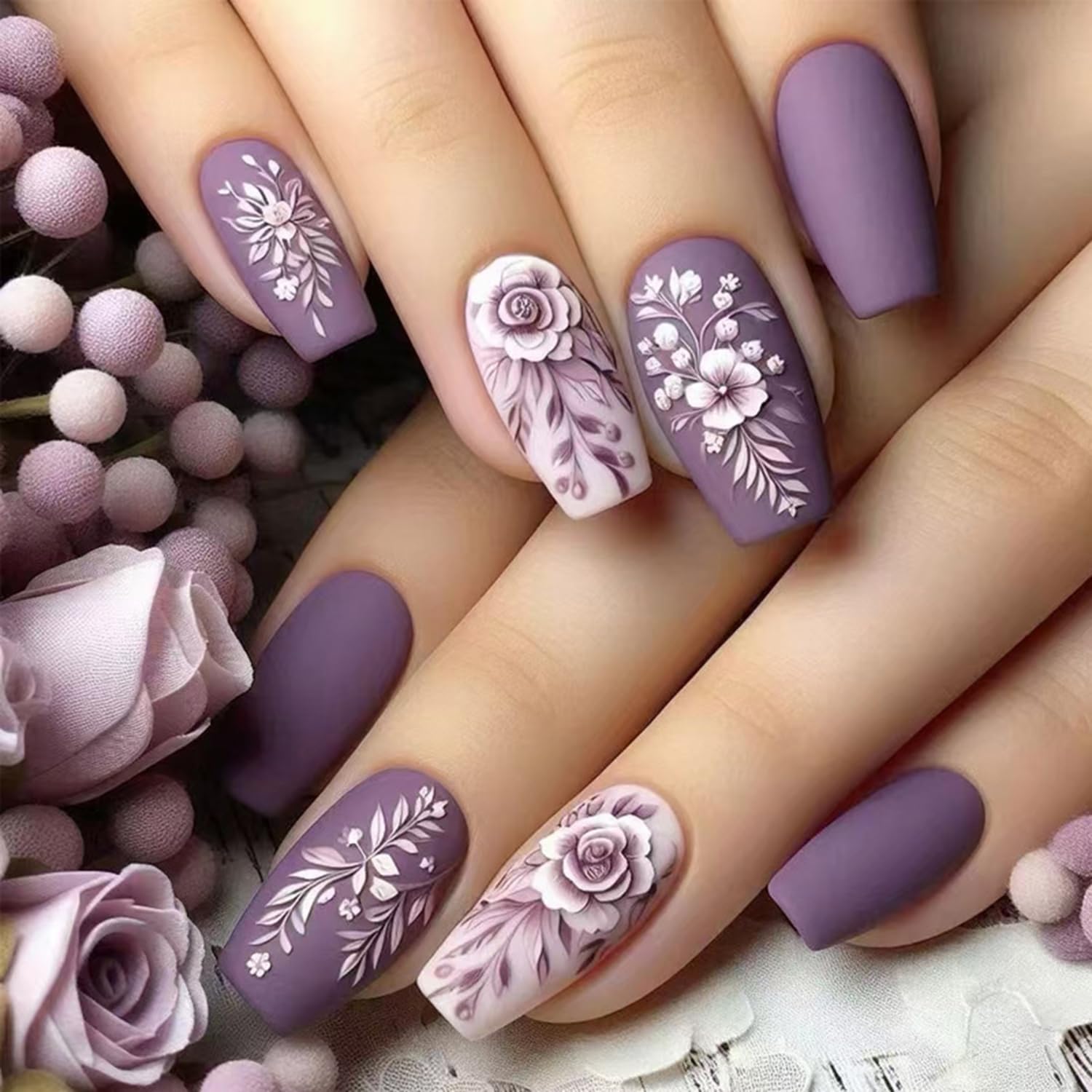 Medium Press on Nails Coffin Fake Nails Purple Acrylic Nails Medium Coffin Embossed Flowers Nails Press ons with Design Winter Press on Nails Matte Stick on Nails for Women Manicure Decorations 24 pcs