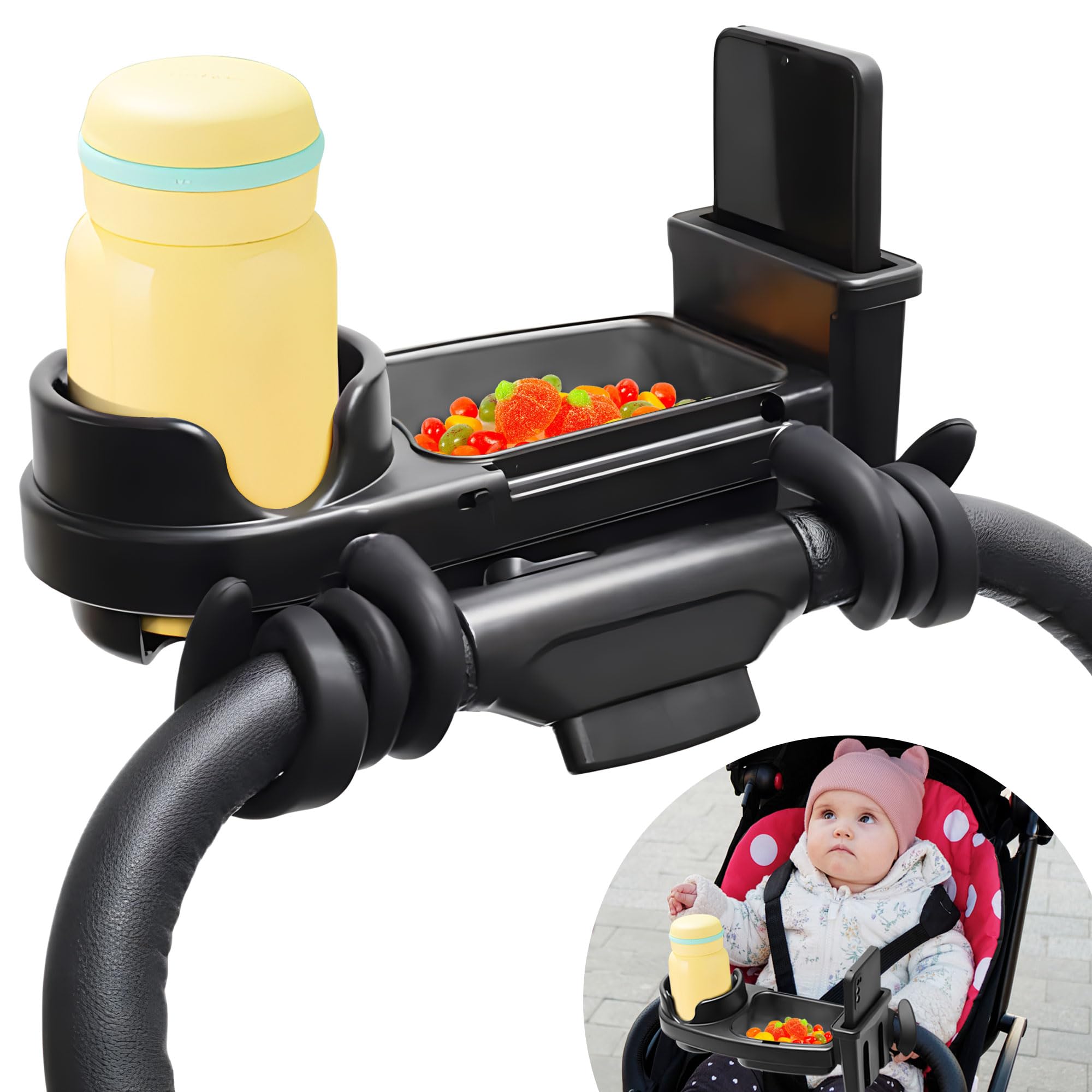 Photo 1 of 3 in 1 Stroller Cup Holder with Phone Holder, Universal Stroller Snack Tray, Stroller Accessories for Uppababy, Nuna, Doona, Universal Cup Holder for Stroller, Bike, Wheelchair, Walker, Scooter