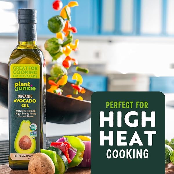 PLANT JUNKIE ORGANIC REFINED AVOCADO OIL, NON-GMO, GLASS BOTTLE, COOKING OIL, KOSHER, KETO AND PALEO DIET FRIENDLY, FRYING, BAKING, AVOCADO OIL, 16.9 FL OZ (500ML)