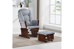 Lennox Furniture Glider Rocker with Ottoman, Smooth Gliding upholstered Chair Comfy with Side Pockets Chestnut and Grey