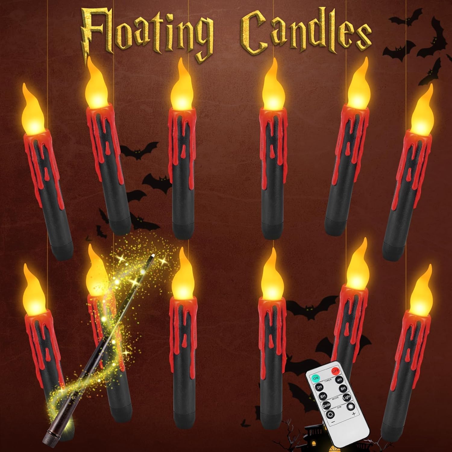Candles & Holders - Qmioti Halloween Decoration - 12 Pack Floating Candles with Remote Control & Magic Wand Control, Christmas Decorations for Harry Potter, Party, Birthday, Wedding (Black)
