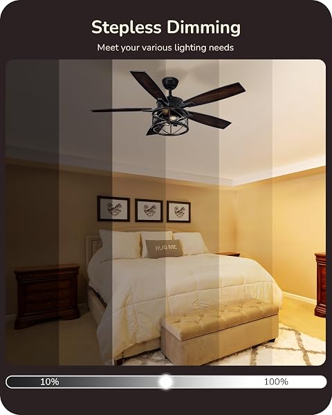 EDISHINE 52″ FARMHOUSE CEILING FANS WITH LIGHTS, 10%-100% DIMMABLE, REMOTE CONTROL, 5 WOOD BLADES, 1/2/4/6H TIMER, 6 SPEEDS REVERSIBLE DC MOTOR, RUSTIC CEILING FAN FOR BEDROOM LIVING ROOM, UL LISTED